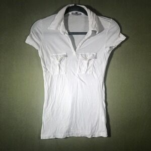 James Perse Polo Shirt Womens 1 White Tencel V-Neck Chest Pockets WTJ3075